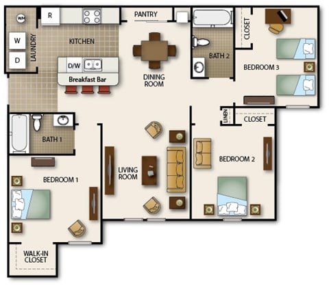 Floor plan for 3 beds, 2 baths, 1046 sqft