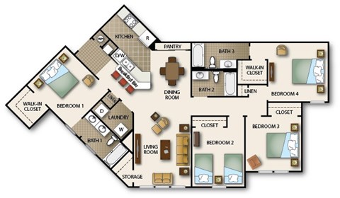 Floor plan for 4 beds, 3 baths, 1506 sqft