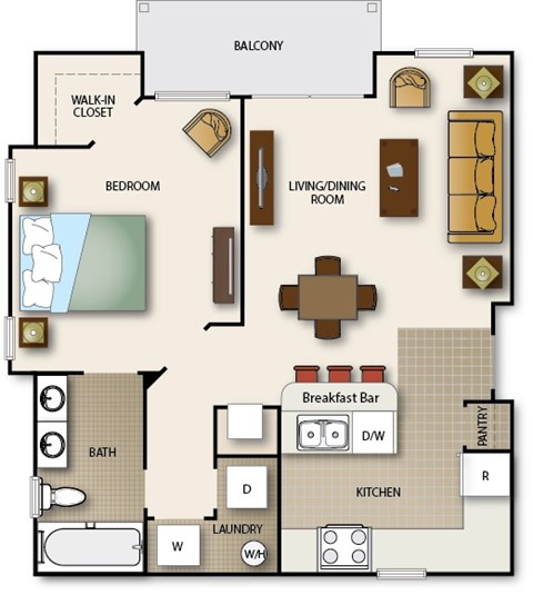 Floor plan for 1 bed, 1 bath, 644 sqft
