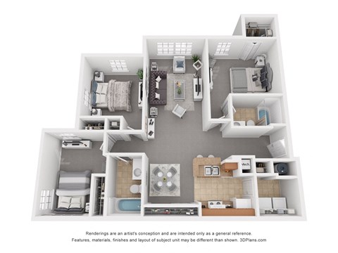 Floor plan for 3 beds, 2 baths, 1214 sqft