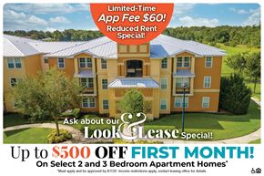 Orlando apartment for rent - A promotional image for a lease special offering up to $500 off the first month on select 2 and 3 bedroom apartment homes.