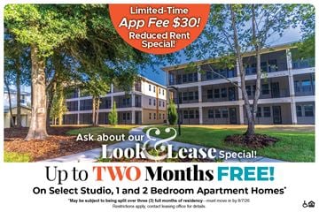 Lady Lake apartment for rent - An advertisement for a lease special offering up to two months free on select studio and one and two bedroom apartment homes.