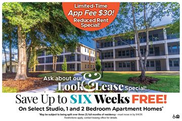 Lady Lake apartment for rent - An advertisement for a lease special offering up to six weeks free on select apartment homes.