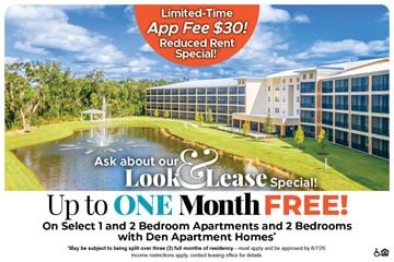 Mount Dora apartment for rent - A promotional image for a limited-time app fee offer and a free lease special for select apartment options.