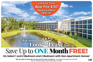 Mount Dora apartment for rent - A promotional image for a limited-time app fee discount and a free month for select apartment homes.