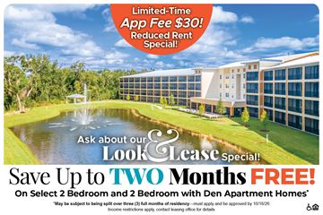 Mount Dora apartment for rent - A promotional image for a limited-time app fee offer at a leasing special.