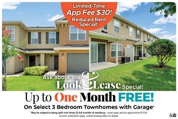 Leesburg townhouse for rent - A housing advertisement offering a free one month lease for select 3 bedroom townhomes.