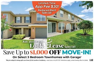 Leesburg townhouse for rent - A real estate advertisement offering a limited-time app fee reduction and a move-in special for select 3 bedroom townhomes with garage.