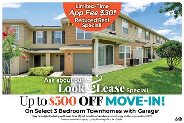 Leesburg townhouse for rent - A housing advertisement offering a $30 app fee reduction and up to $500 off move-in for select 3 bedroom townhomes with garage.