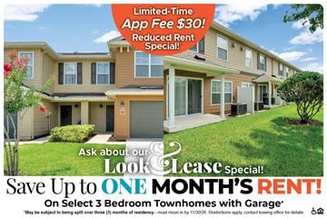 Leesburg townhouse for rent - A real estate advertisement offering a limited-time app fee reduction and a rent special for select 3 bedroom townhomes.