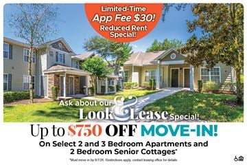 Fruitland Park apartment for rent - A real estate advertisement offering a limited-time app fee reduction and a move-in special for select apartment and senior cottage units.