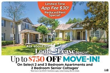 Fruitland Park apartment for rent - A real estate advertisement offering a limited-time app fee reduction and a move-in special for select 2 and 3 bedroom apartments and 2 bedroom senior cottages.