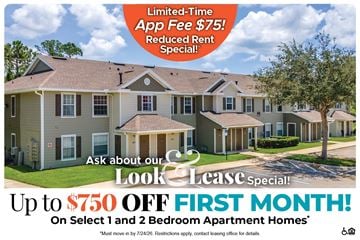 Jensen Beach apartment for rent - A housing advertisement offering a $750 discount on the first month's rent for select 1 and 2 bedroom apartment homes.