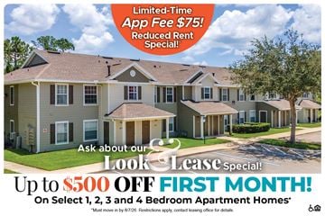Jensen Beach apartment for rent - A housing advertisement offering a $500 discount on the first month's rent for select apartment homes.