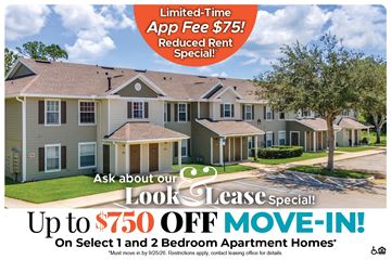 Jensen Beach apartment for rent - A promotional image for a lease special offering up to $750 off on select 1 and 2 bedroom apartment homes.