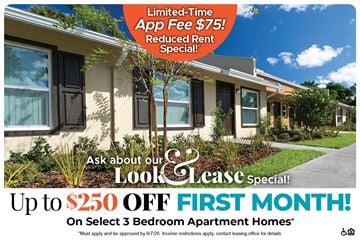 Stuart apartment for rent - A promotional image for a lease special offering up to $250 off the first month on select 3 bedroom apartment homes.