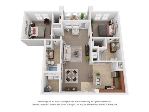 Floor plan for 2 beds, 2 baths, 1018 sqft