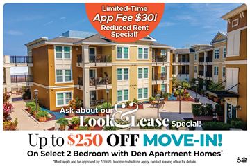 Maitland apartment for rent - An advertisement for a limited-time app fee reduction and move-in special for Den Apartment Homes.