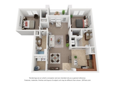 Floor plan for 2 beds, 2 baths, 1117 sqft