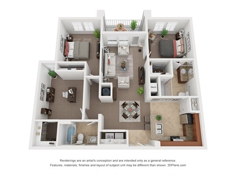 Floor plan for 2 beds, 2 baths, 1277 sqft
