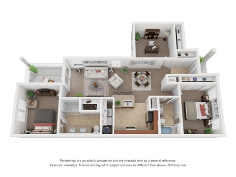 Floor plan for 2 beds, 2 baths, 1277 sqft