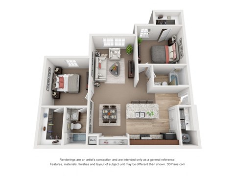 Floor plan for 2 beds, 1 bath, 984 sqft