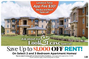 Kissimmee apartment for rent - A housing advertisement offering a limited-time app fee reduction and a significant rent discount for select apartment homes.
