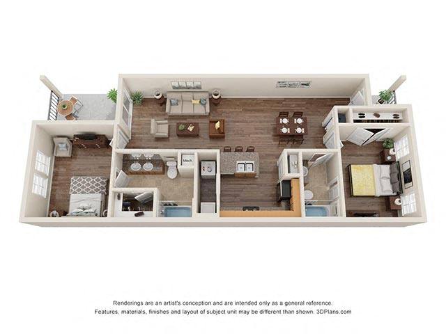Floor plan for 2 beds, 2 baths, 955 sqft
