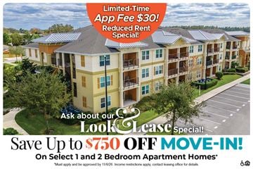 Brooksville apartment for rent - An apartment complex advertises a limited-time app fee reduction and a move-in special.