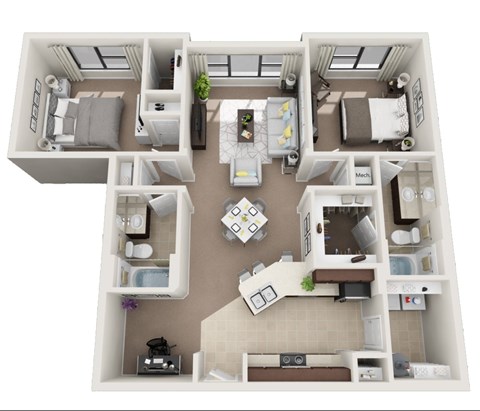Floor plan for 2 beds, 2 baths, 1139 sqft