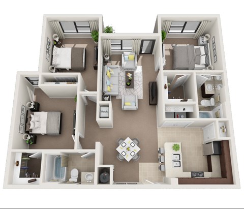 Floor plan for 3 beds, 2 baths, 1296 sqft