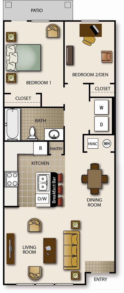 Floor plan for 2 beds, 1 bath, 769 sqft