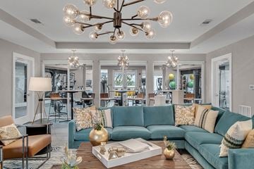 Longwood apartment for rent - a living room with blue couches and a coffee table