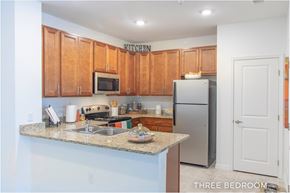 Orlando apartment for rent - A kitchen with wooden cabinets and a granite countertop.