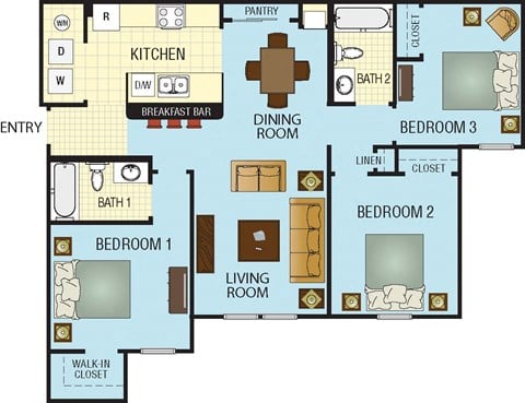 Floor plan for 3 beds, 2 baths, 1046 sqft