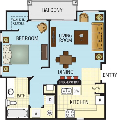 Floor plan for 1 bed, 1 bath, 644 sqft