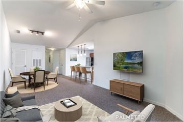 Kissimmee townhouse for rent - A living room with a grey carpet and a television on the wall.