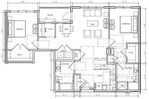 Floor plan for 2 beds, 2 baths, 1301 sqft
