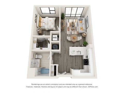Floor plan for 1 bed, 1 bath, 695 sqft