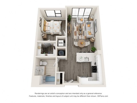 Floor plan for 1 bed, 1 bath, 695 sqft