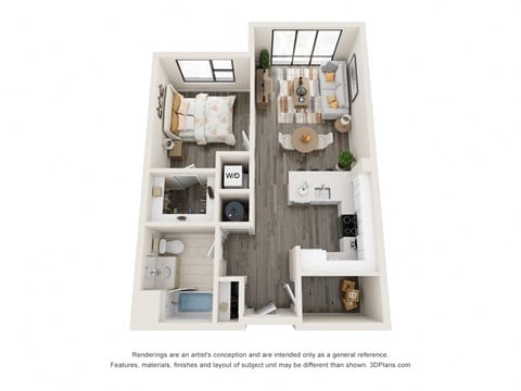 Floor plan for 1 bed, 1 bath, 734 sqft