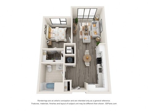 Floor plan for 1 bed, 1 bath, 734 sqft