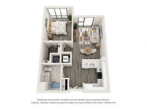 Floor plan for 1 bed, 1 bath, 741 sqft