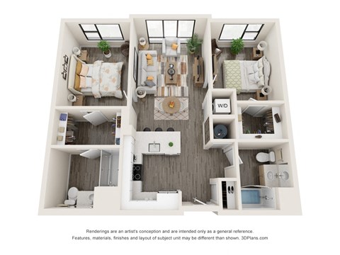 Floor plan for 2 beds, 2 baths, 980 sqft