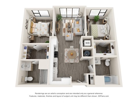 Floor plan for 2 beds, 2 baths, 980 sqft