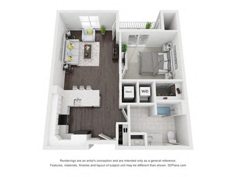 Floor plan for 1 bed, 1 bath, 869 sqft