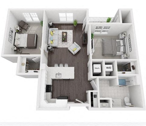Floor plan for 2 beds, 1 bath, 940 sqft
