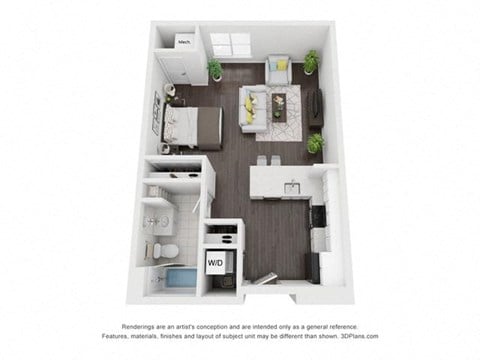 Floor plan for studio, 1 bath, 609 sqft