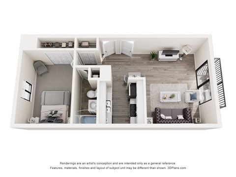 Floor plan for 1 bed, 1 bath, 678 sqft