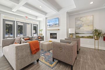North Charleston apartment for rent - A living room with a grey couch and a fireplace.